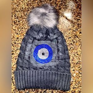 Evil Eye cable Knit Beanie with Faux Fur Lined and Pom Pom
